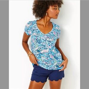 Lilly Pulitzer Etta V-Neck Short Sleeve Bali Blue Lilly Loves Cape Cod Small
